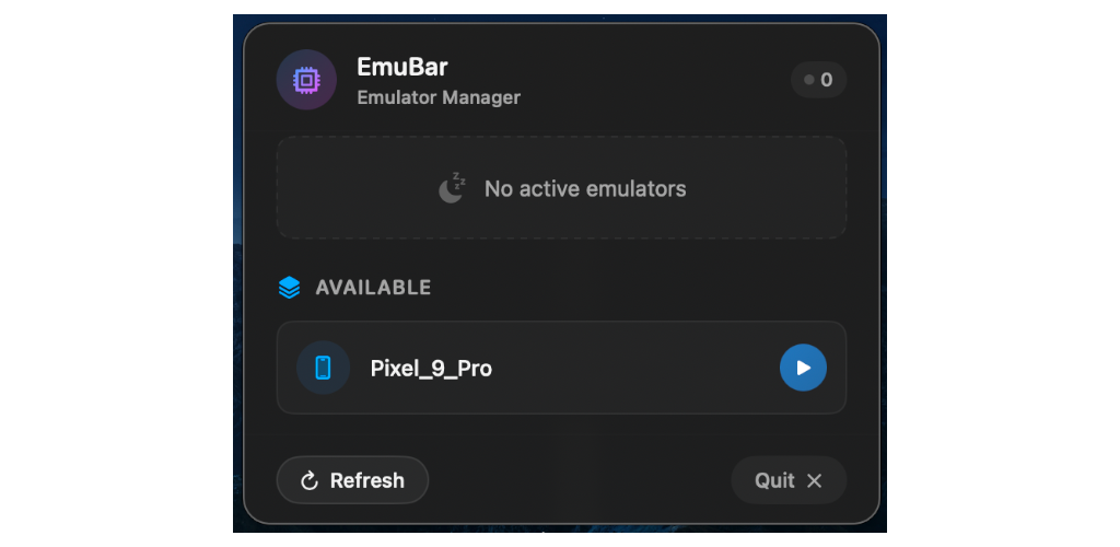 EmuHub – Android Emulator Menu Bar App